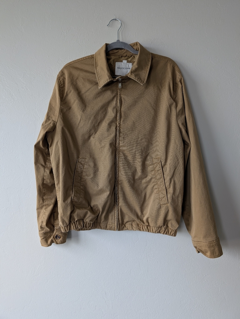 Denim & Flower Brown Bomber Jacket Zip Up Size L Utility Casual Elastic Hem - Picture 2 of 14